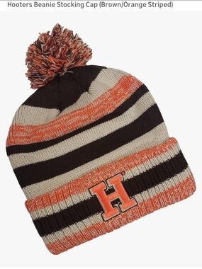 Hooters Brand Beanie stocking cap/poof ball on top/orange & brown-NWT